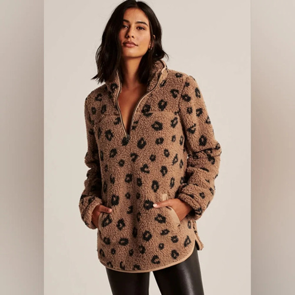 Abercrombie & Fitch Brown Cheetah Print Sherpa Half Zip Pullover Jacket Size XS - Picture 2 of 7